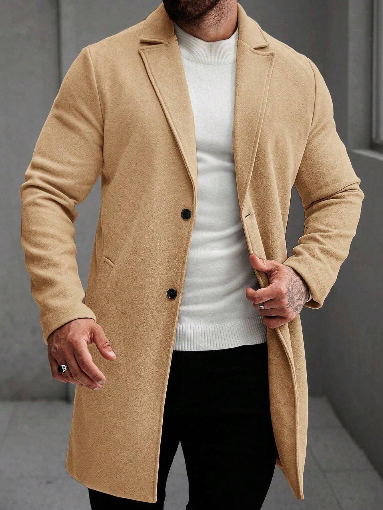 Manfinity Mode Men'S Solid Color Pocket & Button Front Long Sleeve Overcoat, Autumn Fall Clothes, Winter